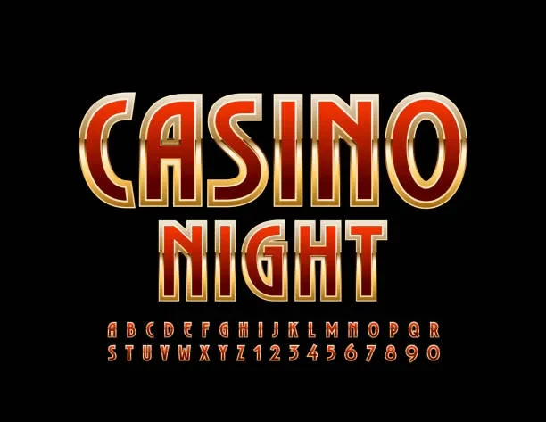 কালো পটভূমিতে লাল-সোনালি ত্রিমাত্রিক অক্ষরে “CASINO NIGHT” লেখা, নিচে অক্ষর ও সংখ্যা সাজানো।